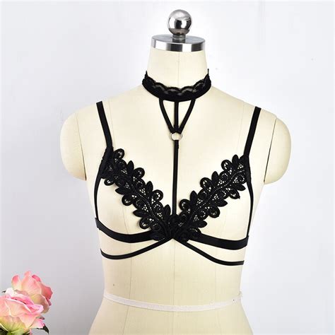 Black Sexy Lace Harness Flower Body Cage Bra Open Chest Sexy Crop Top Bodage Harness Women