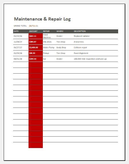 Maintenance And Repair Log Templates For Excel Excel Templates