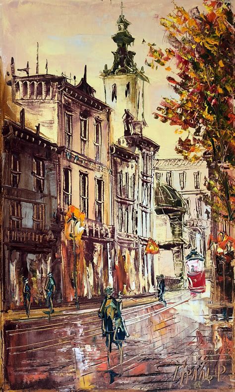 Cityscape Oil Painting On Canvas Old Town Wall Art Original Autumn