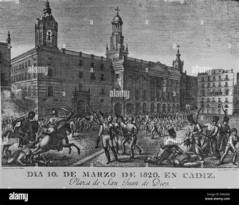 Dia 10 De Marzo De 1820 En Cadiz Plaza De San Juan De Dios Grabado Siglo Xix Author Roca