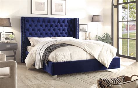 waldorf queen bed blue velvet staging  decor