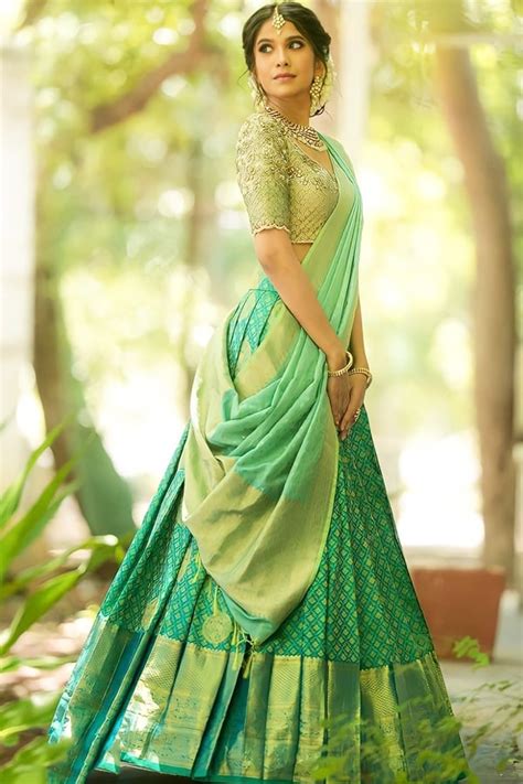 Green Modern Kerala Kasavu Trendy Half Saree Designs 2022