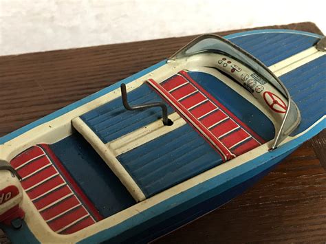 Vintage Haji Wind Up Boat Speedo Boat 1950s Wind Up Toy Tin