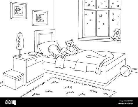 Children Room Graphic Black White Interior Sleeping Girl Sketch