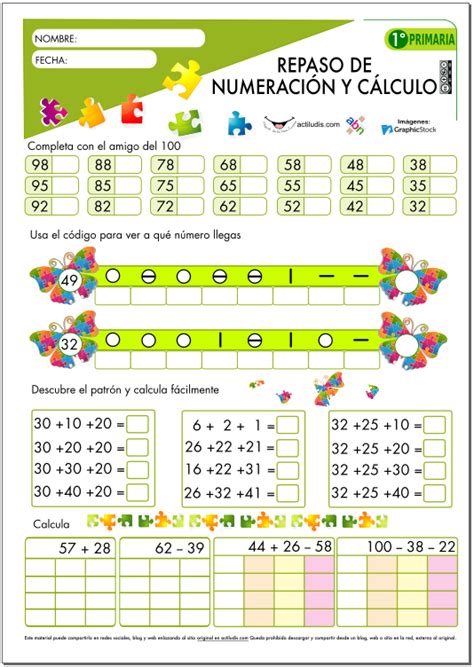 Repaso De Numeración Y Cálculo Para 1º De Primaria Fichas De