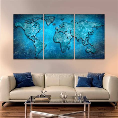 Quadro Kit Sala Parede 120x60 Cm Decorativo Mapa Mundi Azul