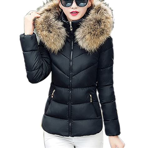 Womens Faux Fur Hooded Parka Jacket Quilted Padded Down Short Winter Puffer Coat Overcoat Black