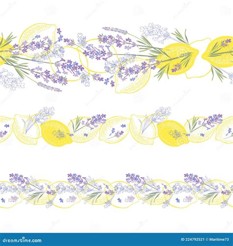 Lemons And Lavender Three Seamless Vector Borders On White Perfect
