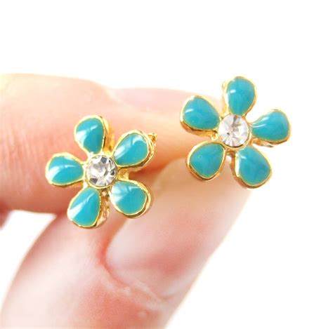 Small Floral Daisy Flower Stud Earrings In Turquoise On Gold On Luulla