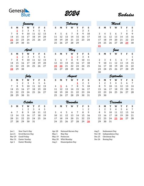 2024 Calendar Printable Barbados 2024 Calendar Printable