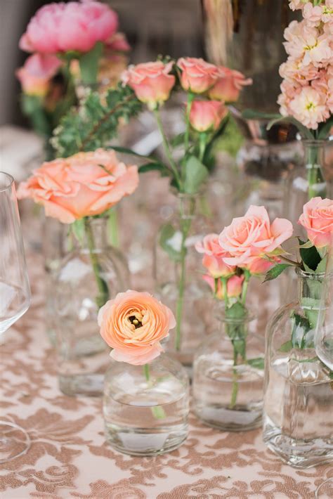Bud Vase Wedding Centerpiece With Pink Coral And Peach Roses Peony