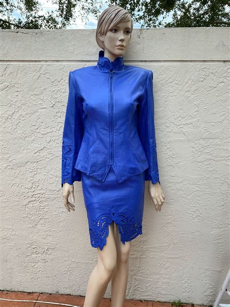 Erez Lillie Rubin 90s Blue Leather Sexy Embroidered Skirt Suit Sz 8 Ebay