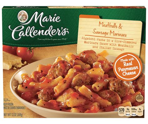 A collection of side by side cooked frozen dinner comparisons where the left is the marketing version of the box and the right is the results of following the microwave cooking instructions. Marie Callender's Frozen Dinner, Meatballs & Sausage Marinara, 13 Ounce - Walmart.com