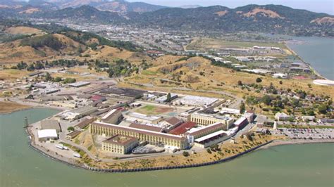 Ws Aerial Pov San Quentin State Prison Near Sea Mountain In Background