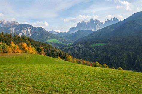 Typical Beautiful Landscape In The Dolomites Val Di Funes Valley In