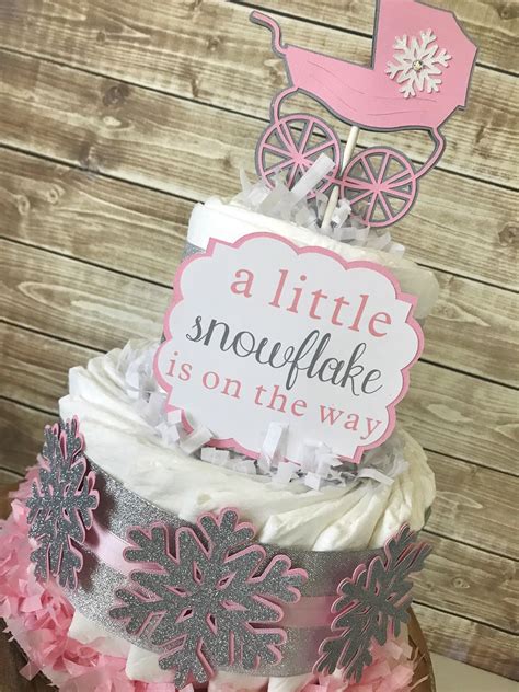 2 Tier Snowflake Diaper Cake In Pink And Silver Winter Baby Shower