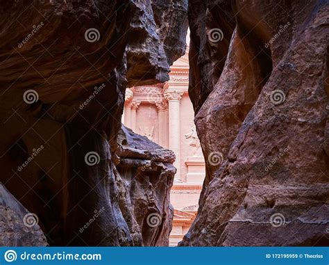 The Treasury In Petra Jordan View From The Siq Canyon Stock Image