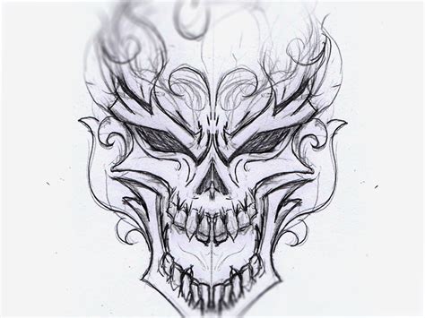 Using three curved lines that join at approximately right angles, enclose the lower mouth portion of the skull. Burning Skull Sketch by Benjamin Lipsø on Dribbble