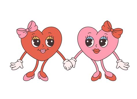trendy retro cartoon heart characters groovy style vintage 70s 60s aesthetics happy