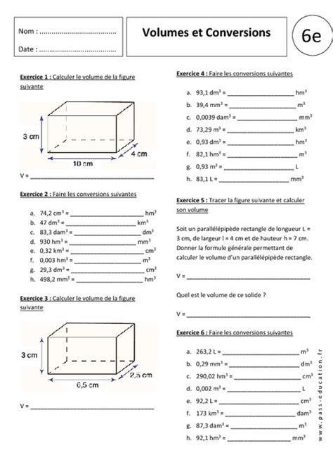 Conversions Volumes 6ème Exercices Corrigés Pass Education