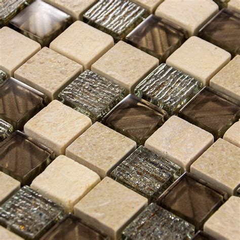 Luxury Textured Brown Iridescent Glass And Ivory Stone Mosaic Wall Tiles Sheet 8mm Tiles From