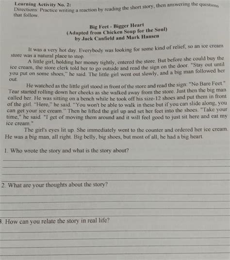Practice Writing A Reaction By Reading The Short Story Then Answering
