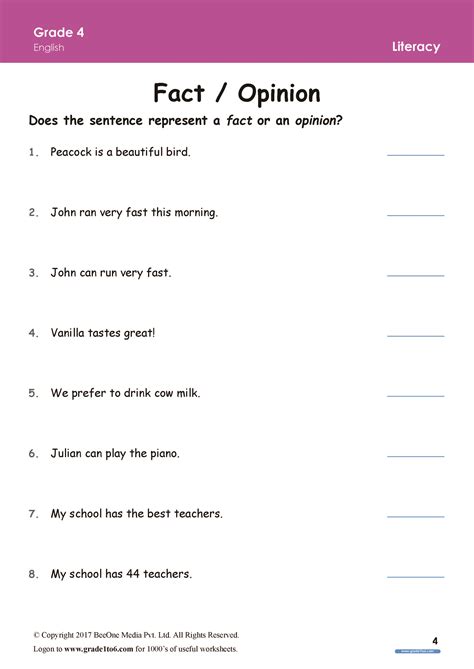 Fact And Opinion Worksheets For Grade 4