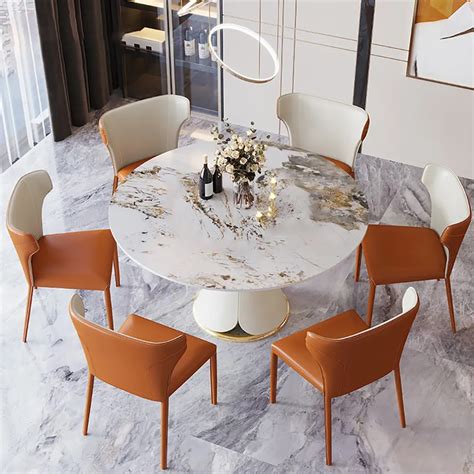 White Round Sintered Stone Dining Table Golden Stainless Steel Pedestal