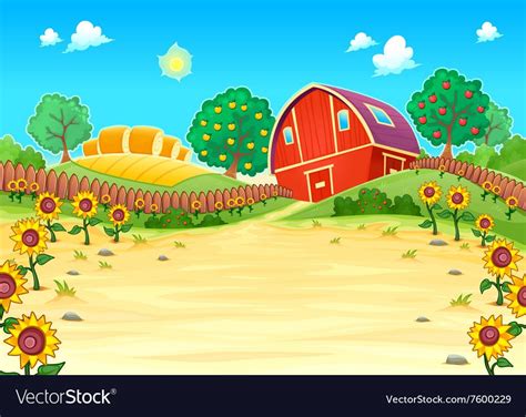 Funny Landscape With The Farm And Sunflowers Vector Image Farm