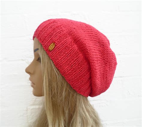 Coral Slouchy Beanie Hat Hand Knit Hat Womens Cotton Slouch Beanie Spring Summer Coral Pink