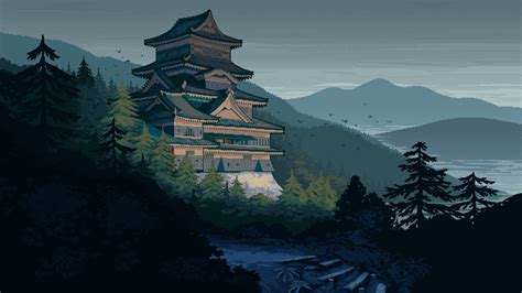 Download Japan Castle Mountain Artistic Pixel Art Hd Wallpaper