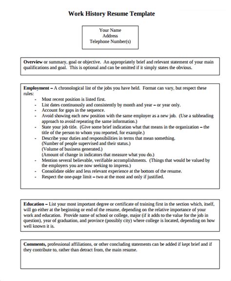 Free 9 Sample Work History Templates In Pdf Ms Word