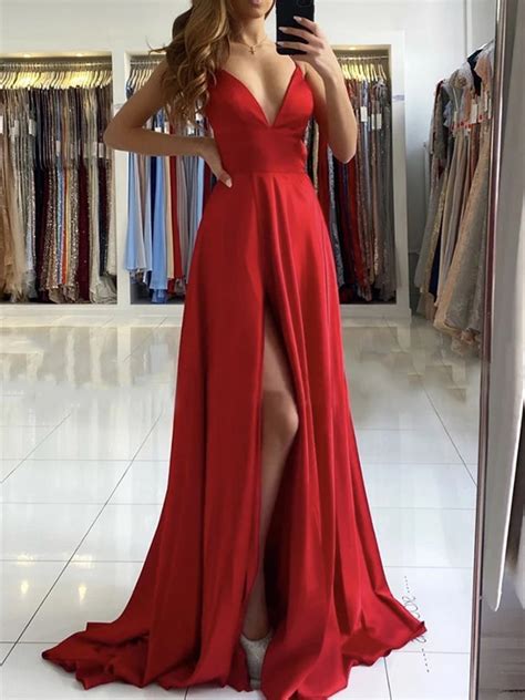 A Line V Neck Backless Long Red Prom Dresses With High Slit Backless Shiny Party