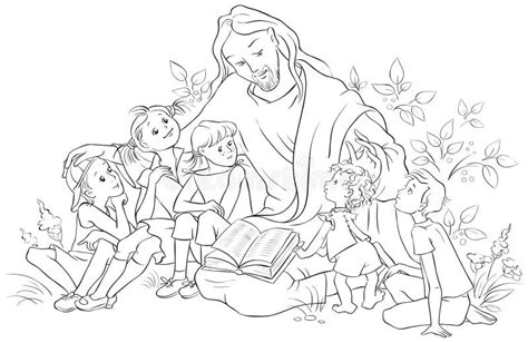 Jesus Reading The Bible To Children Coloring Page Stock Vector
