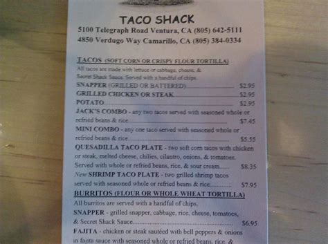 Menu At Snapper Jacks Taco Shack Restaurant Ventura Telegraph Rd