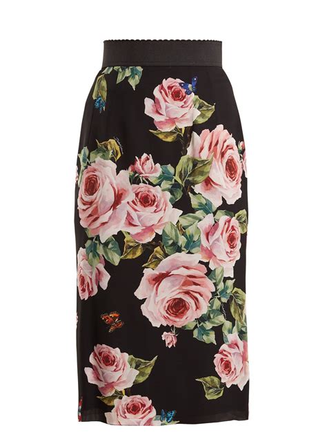 Click Here To Buy Dolce Gabbana Rose Print Stretch Silk Skirt At