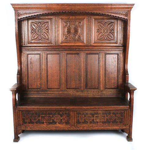 Highback Oak Baronial Throne With Ornate Carvings Seating Benches