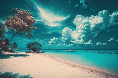 Beautiful Tropical Beach With Blue Sky And White Clouds Illustration