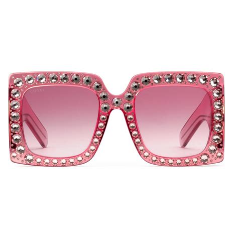 Gucci Square Oversize Acetate Sunglasses Pink With Crystals Gucci