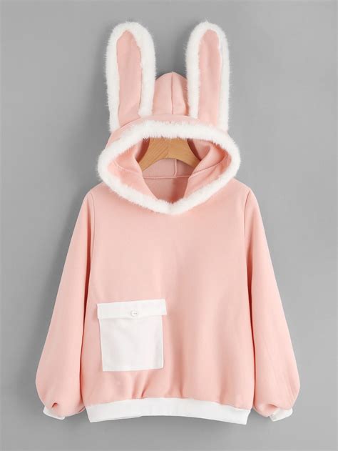 Rabbit Ear Hooded Contrast Trim Sweatshirt Sheinsheinside