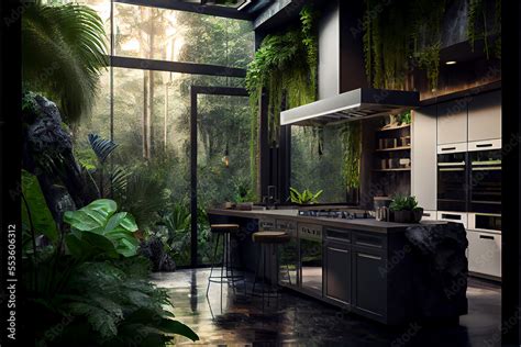 Luxury Modern Kitchen With A Jungle Theme With Exotic Plants Interior