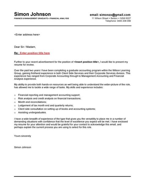 Use these graduate cover letter examples to give you graduate ideas about what form they should. Finance Graduate Cover Letter for Application Letter ...