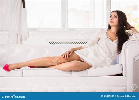 Brunette Posing On The Sofa Stock Image Image Of Black Glamour