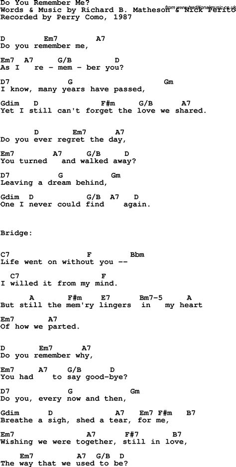 Song Lyrics With Guitar Chords For Do You Remember Me Perry Como 1987