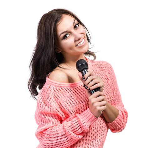 Beautiful Young Woman Singer With Microphone Stock Photo Image Of
