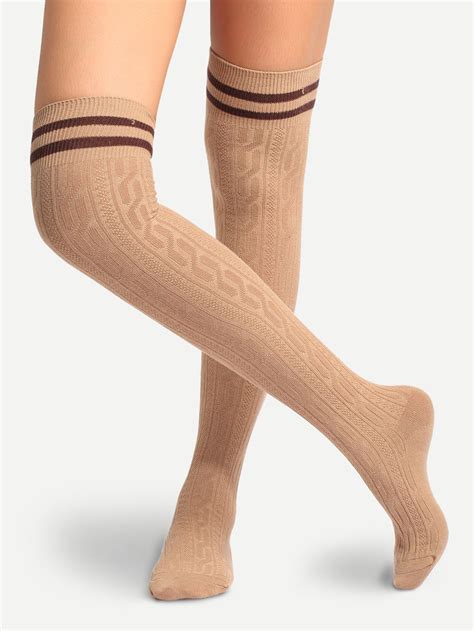 Shop Khaki Breathable Striped Trim Over Knee Socks Online Shein Offers