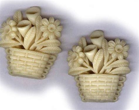 Vintage CARVED CELLULOID Flower Basket Shape From Japan S TWO Pieces Antique Celluloid