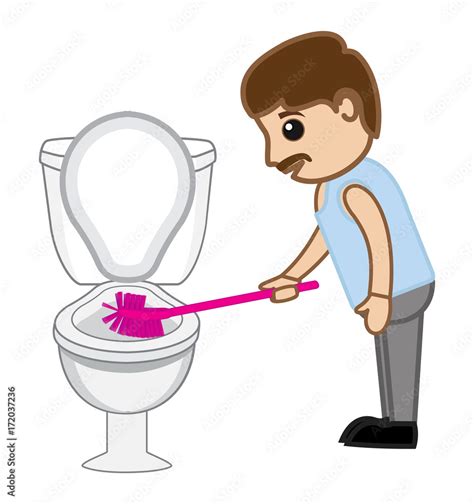 Cartoon Adult Man Cleaning Toilet Stock Vector Adobe Stock