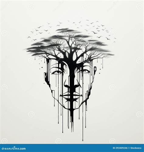 Minimalist Black And White Art Man With Tree Head Illustration Stock