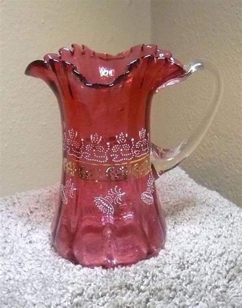 Victorian Cranberry Blown Glass Ruffled Pitcher Handpainted White Gold Enamel Glass Blowing